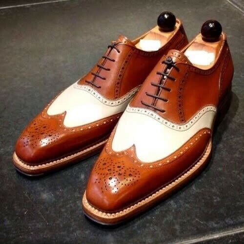 Handmade Men's White & Tan Leather Wing Tip Brogue Dress Formal Shoes