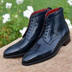 Handmade Black Leather Boots Men's Ankle High Cap Toe Lace Up Brogue