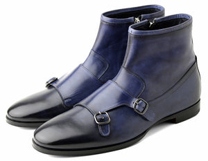 Handmade Men’s Blue Monk Straps Boots, Men Side Zipper Leather Boots