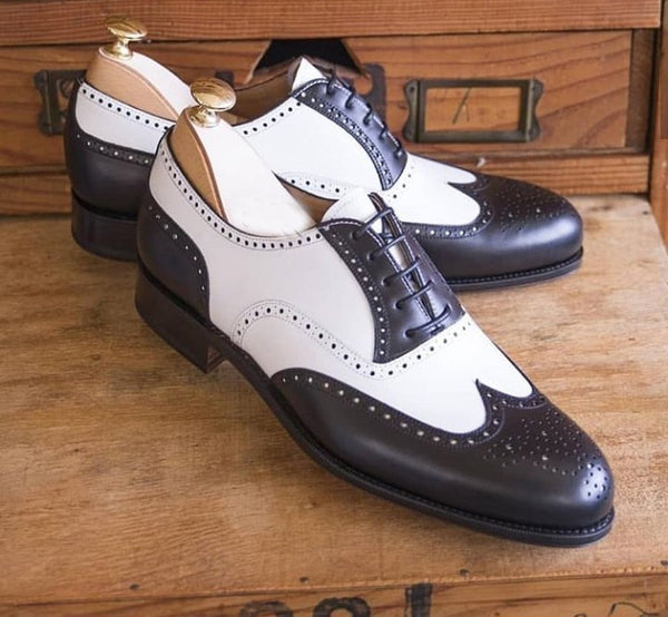 Handmade Men’s Leather Shoes White Dark Brown Wing Tip Brogue