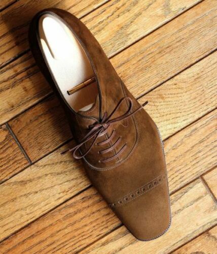 New Handmade Brown Suede Leather men lace up dress shoes