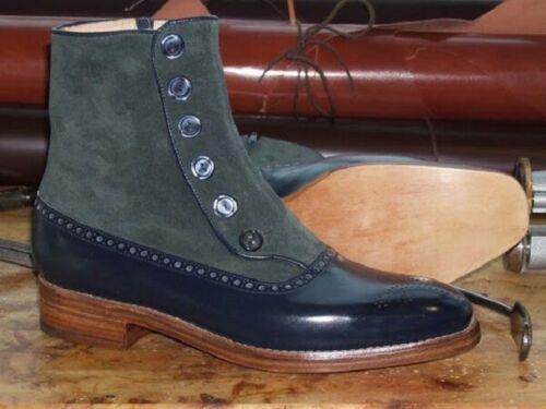 Two Tone Blue Gray High Ankle Premium Suede Leather Men Brown Sole Button Boots