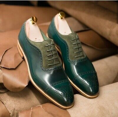 Tan Sole Green Color Superior Leather Lace Up Men Oxford Formal Dress Shoes
