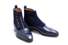 Handmade Men's Button Top Blue Leather & Suede Boots Men's