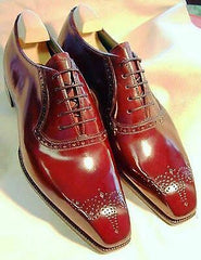 Men Maroon Red Medallion Toe Handcrafted Magnificent Leather Lace up Shoes