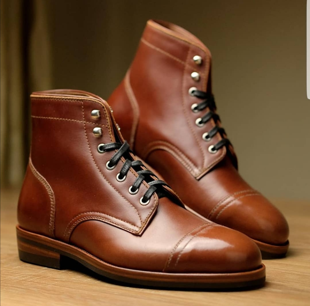 Handmade Brown Leather Cap Toe Ankle High Lace Up Dress boots for Men's