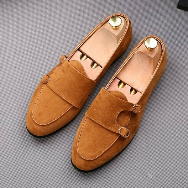 Handmade Men's Camel Brown Double Buckle Suede Loafers Flat Shoes, Men Suede shoes