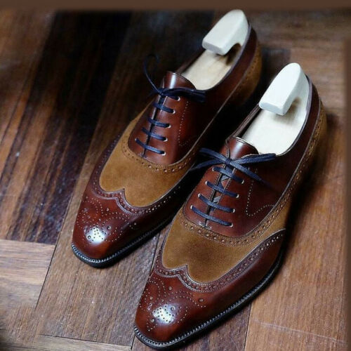 Men Handmade Brown Suede Wing Tip Lace Up Formal Dress Custom Leather Shoes