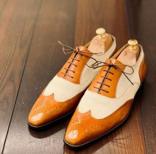 Handmade Men's Two Tone Wing Tip Brogue Dress Shoes, Real Leather Suede Shoes