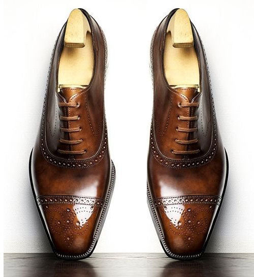 Handmade Brown Cap Toe Leather Lace Up Dress Shoes for Men's