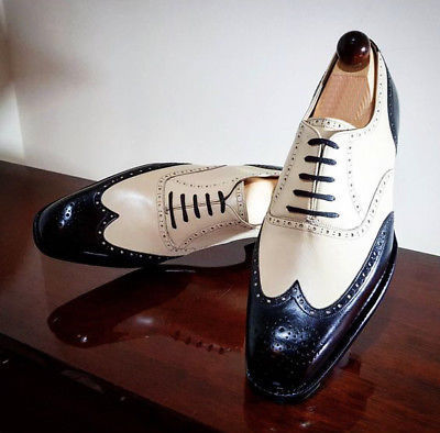 Handmade White Black Leather Formal Tuxedo Shoes