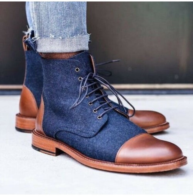 Handmade Blue Denim and Brown Leather Ankle Boots For Men