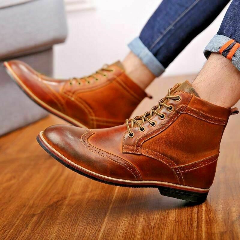 Men Handmade Tan Ankle Wingtip Formal Casual Marching Military Boots