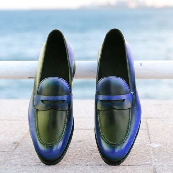 Handmade Stylish Blue Black Tone Penny Loafer Slips On Moccasin Shoes for Mens