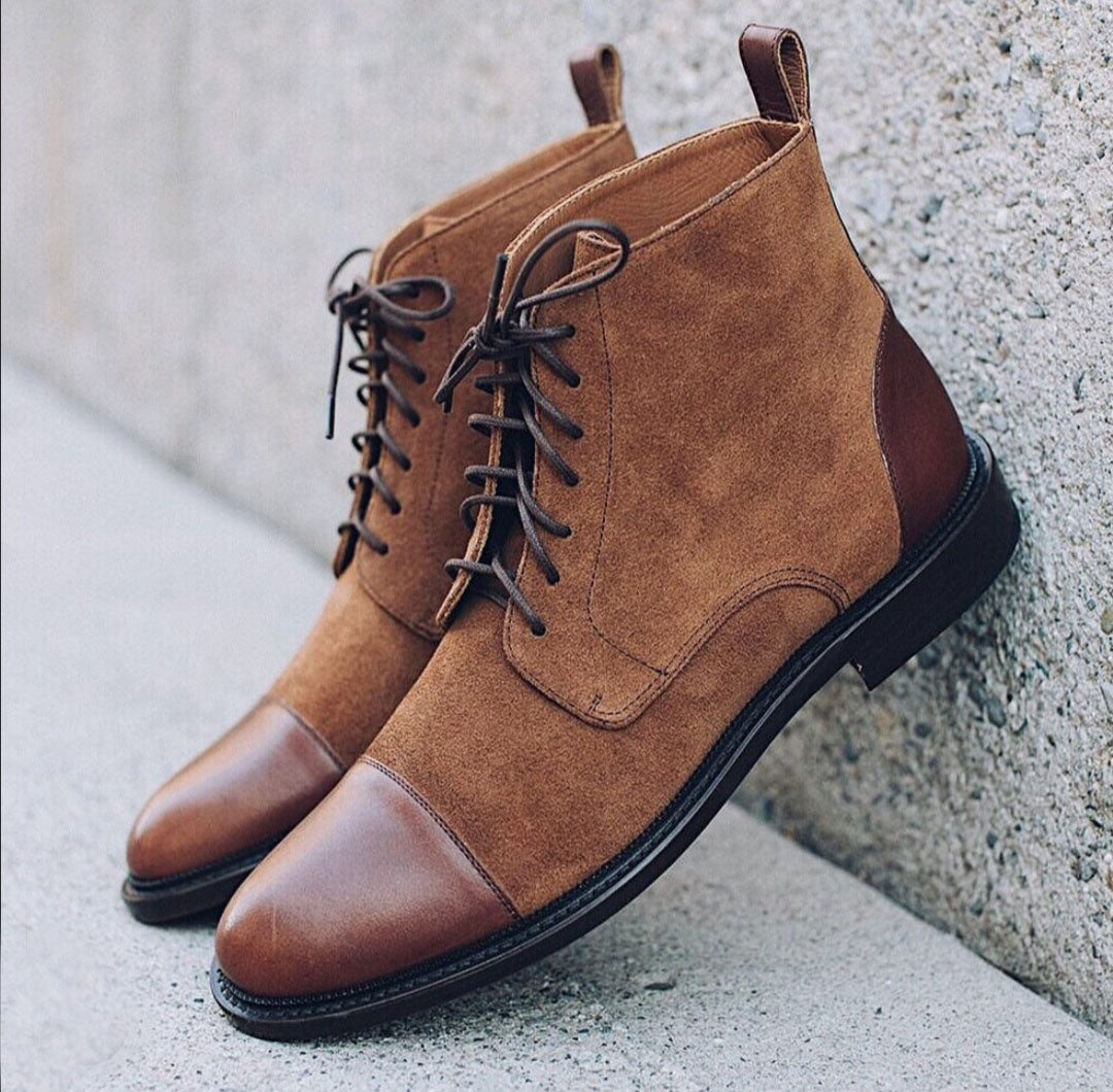 Handmade Brown Color Leather Suede Cap Toe Ankle High Boots For Men's