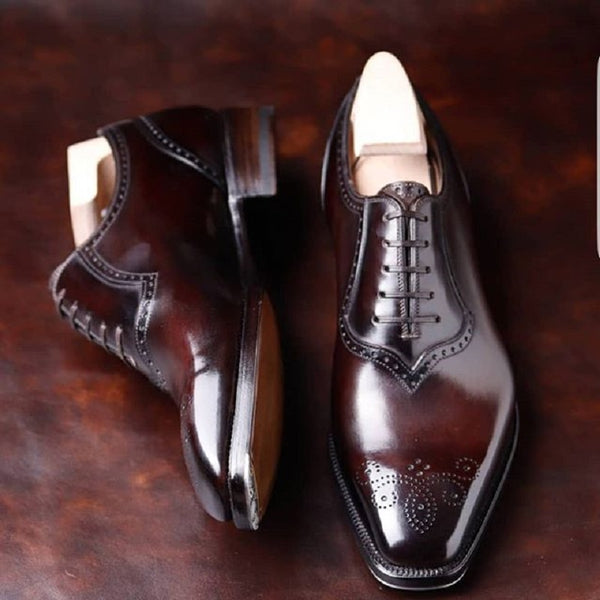 Handmade Ox Blood Colour Lace Up Stylish Quarter Brogues Leather Shoes For Men's