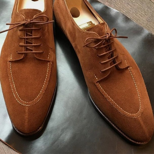 Handmade Men Brown Suede Hand Stitch Split Toe Design Lace Up Dress Shoes