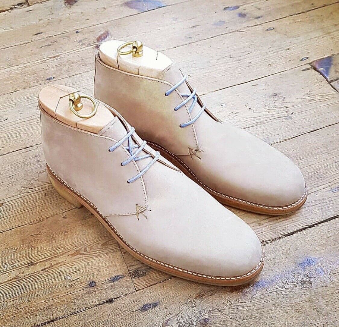 Handmade Men's Pure Off White Suede Leather Chukka Boots for Men