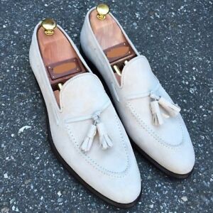 Handmade Men's White Moccasin Slipper Tussle Leather Dress Formal Office Shoes