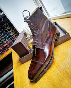 Handmade Brown Pebbled Leather Ankle High Cap Toe Dress Lace up Boots for Men's