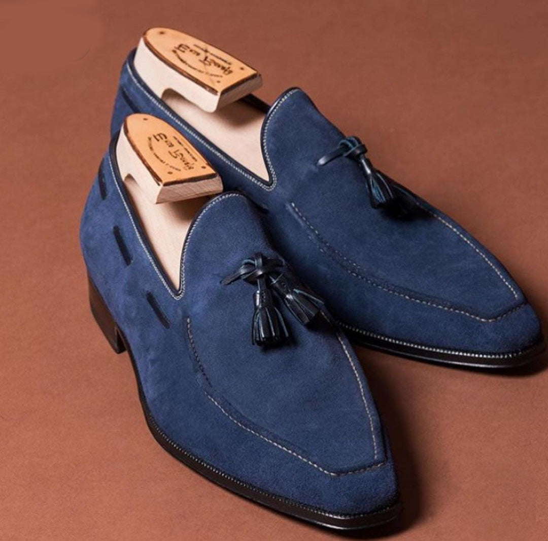 Handmade Navy Blue Suede Square Toe Tussles Dress Formal Shoes for Men's`