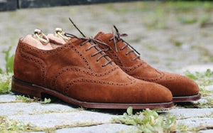 Handmade Men's Brown Suede Wing Tip Heart Medallion Lace Up Dress Oxford Shoes