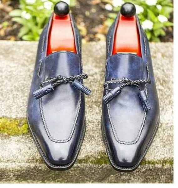 Handmade Men's Blue Leather Slip Ons Loafer Tassel Shoes