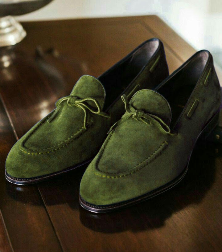 Decent Handmade Olive Green Suede Tussles Moccasins Formal Shoes