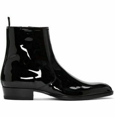 Mens Leather Boot Handmade Black Chelsea Patent Leather Sole Side Zipper boots