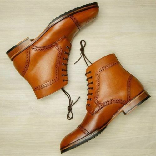 Handmade Men's High Quality-Leather Cap Toe & Brogue Ankle High lace Up Boots