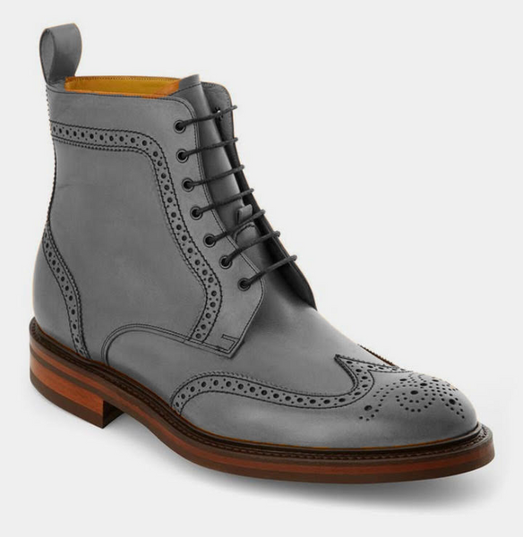 Men Gray Leather Wing Tip High Ankle Casual Lace Up Boot