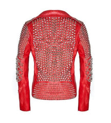 Handmade Men's Red Studded Biker Leather Jacket