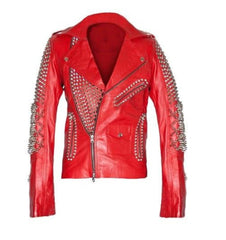 Handmade Men's Red Studded Biker Leather Jacket