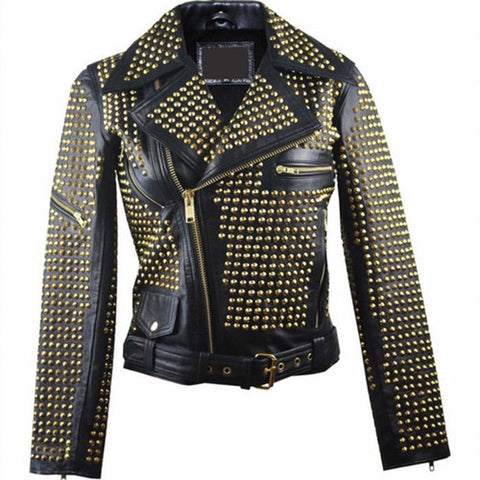 Men's Black Biker gold Studded Leather Jacket