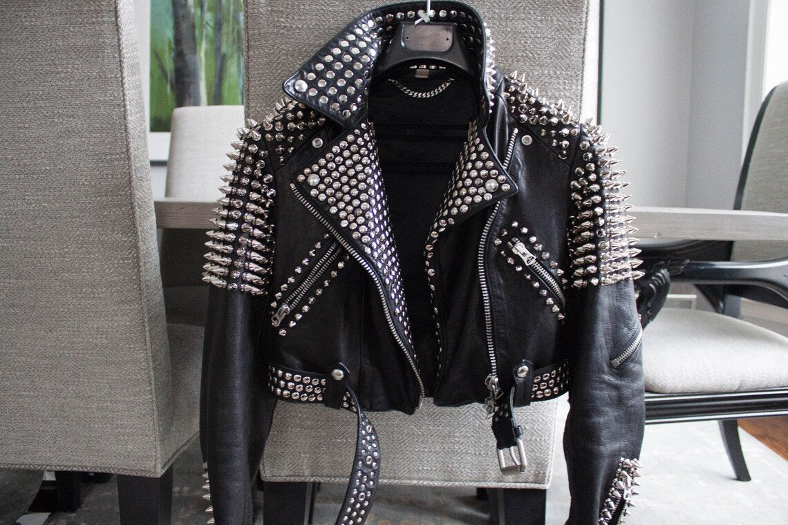 Handmade Silver Spiked Woman Black Studded Leather Jacket