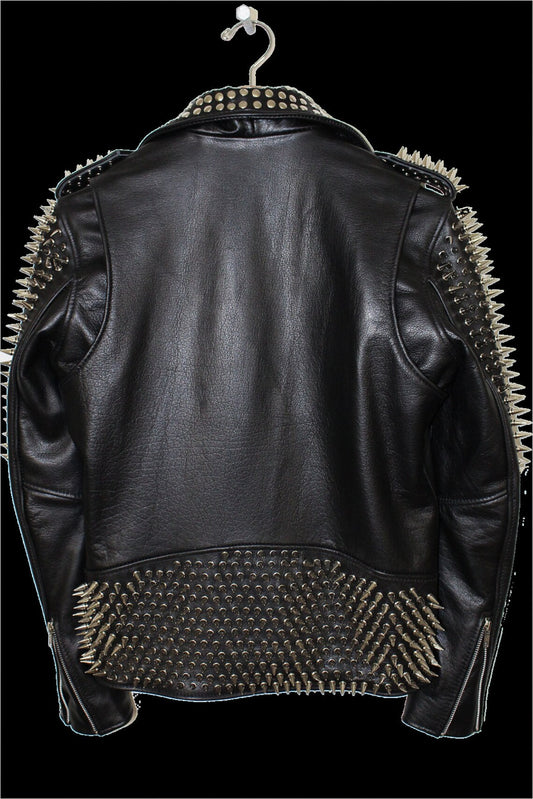 Men's Black Punk Long Spiked Studded Leather Jacket