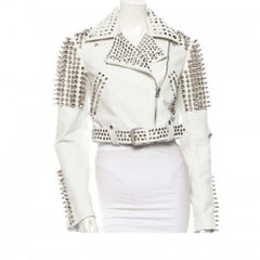 Handmade White Studded Leather Jacket For Women