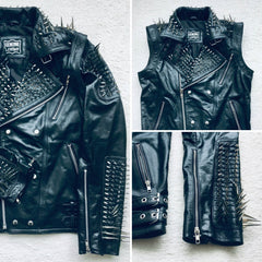 Handmade Men's Black Long Spiked Studded Leather Jacket