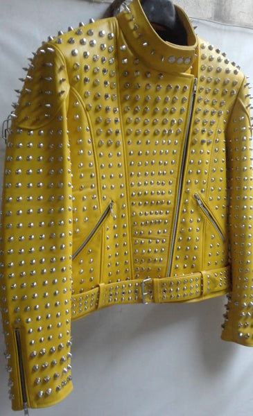 Women's Yellow Studded Biker Leather Jacket