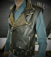 Men's Black Silver Long Spiked Studded Leather Jacket