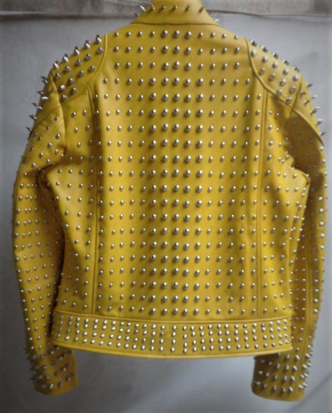 Women's Yellow Studded Biker Leather Jacket
