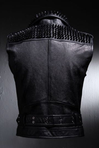 Men Black Punk Long Spiked Studded Leather Jacket