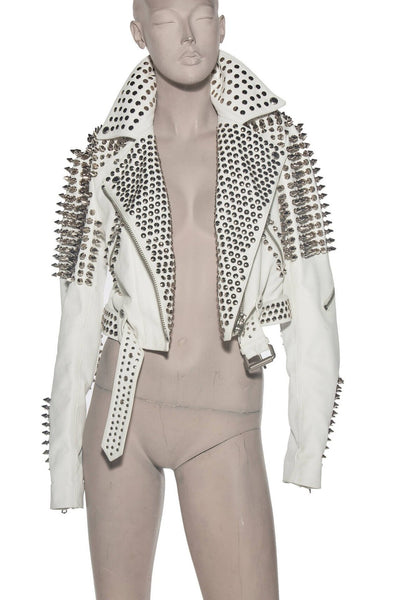 Handcrafted Women Silver Long Studded Leather Jacket