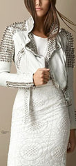 Handcrafted Women Silver Long Studded Leather Jacket