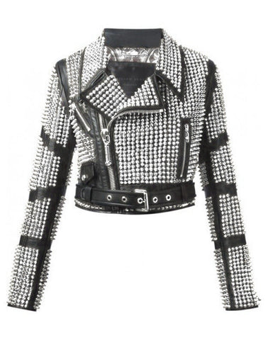 Handmade Woman Silver Studded Leather Jacket