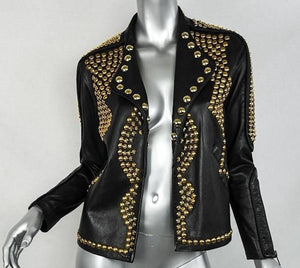 Handmade Women Golden Studded Black Leather Jacket