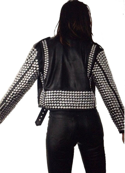 Handmade Women's Black Studded Leather Jacket