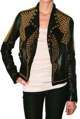 Handmade Women Golden Studded Black Leather Jacket