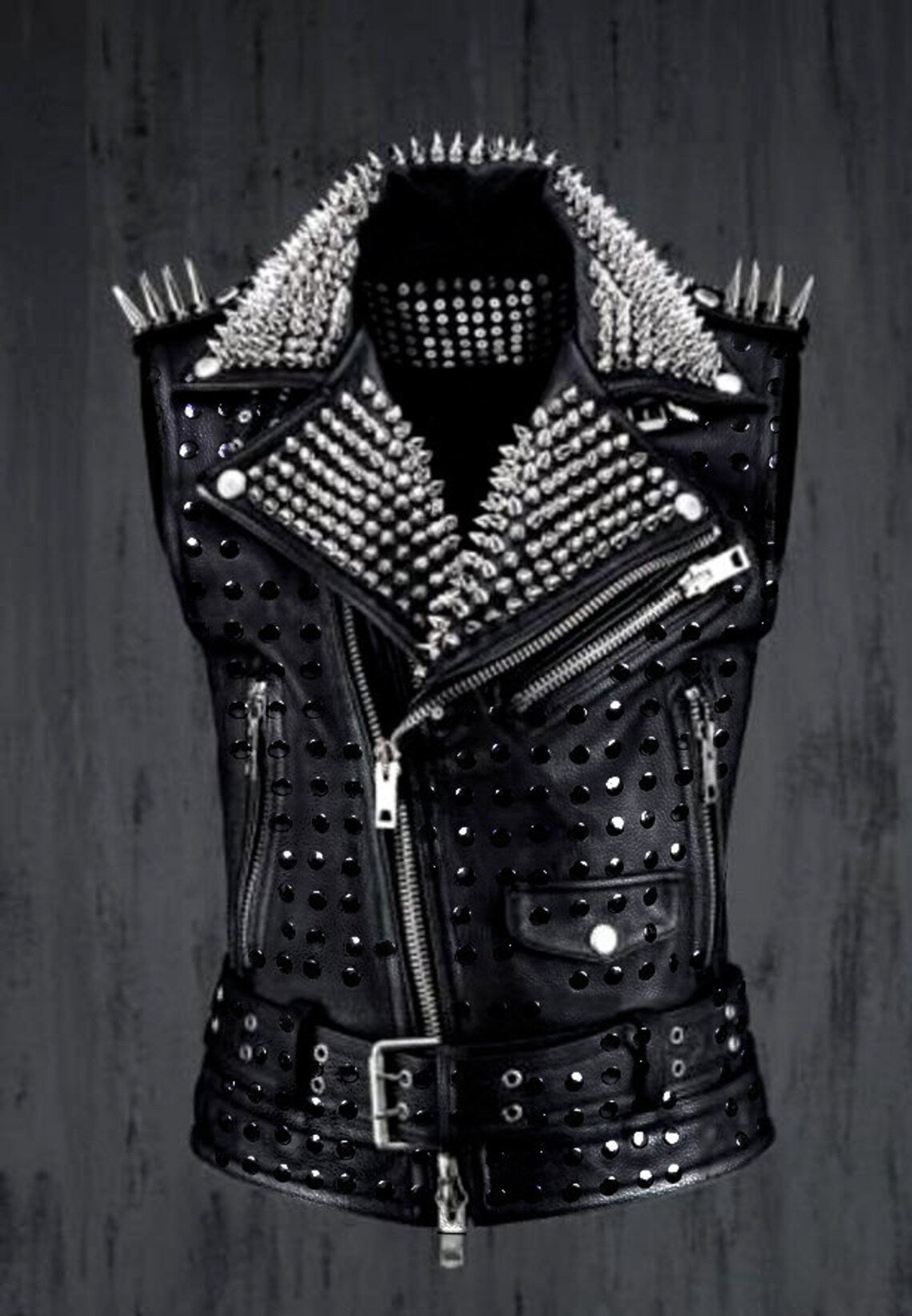 Women Silver Black Studded Leather Jacket