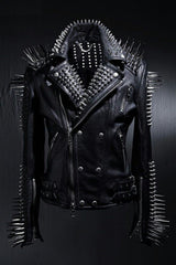 Women's Black Long Spiked Studded Leather Jacket
